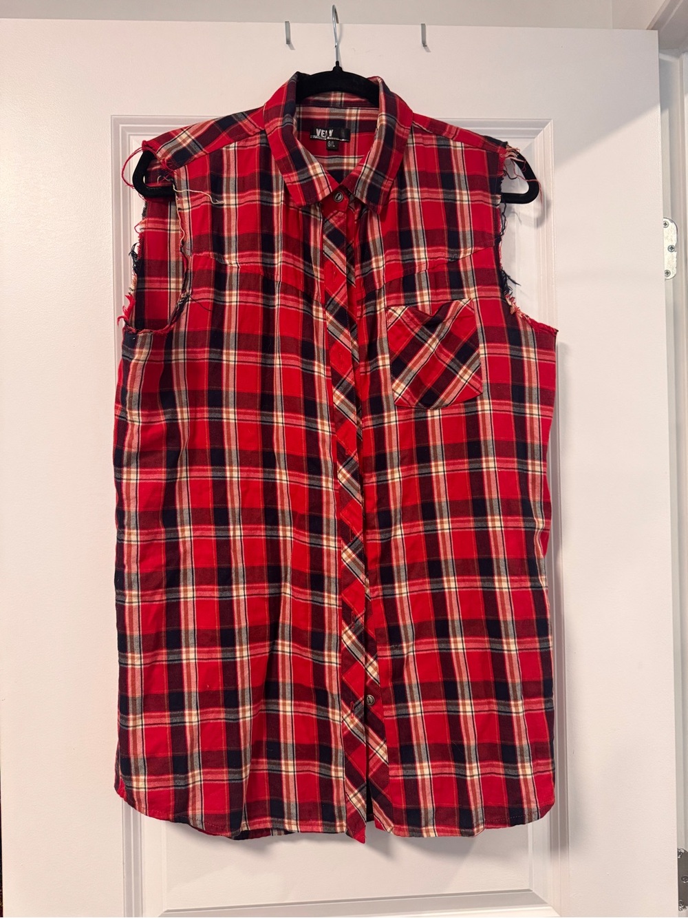 Sleeveless Red Plaid Button-Up Shirt 100% Cotton